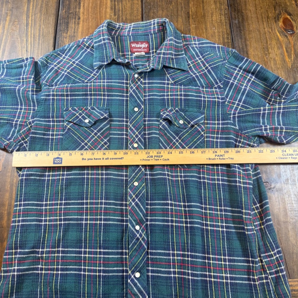 Wrangler Western Shirts Mens XL Green Plaid Pearl Snap Flannel, vintage, cowboy - Picture 4 of 5